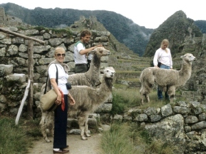 Jessie Fernandes with llamas in Machu Pichu.
